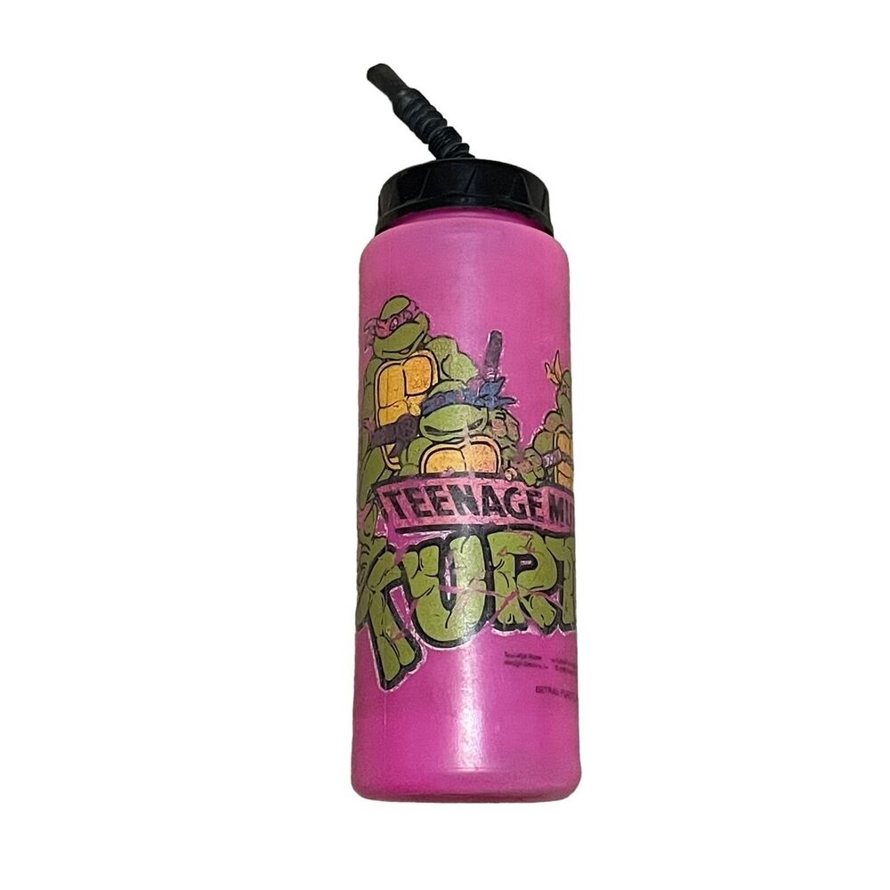 Vintage Ninja Turtles Water Bottle Pink w Straw TMNT 1988 Betras Plastics